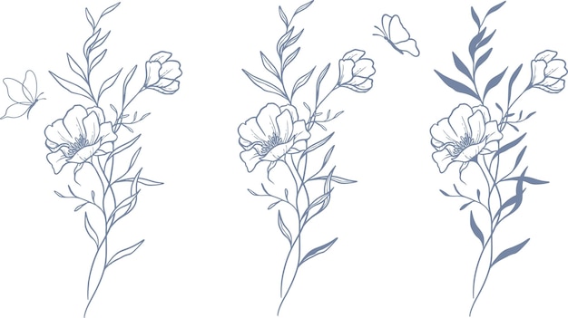 conjunto vectorial hermoso floral y hojas elementos de arte de línea elementos de conjunto botánico dibujados a mano