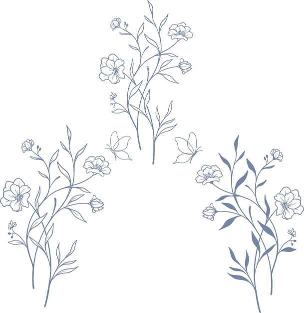 conjunto vectorial hermoso floral y hojas elementos de arte de línea elementos de conjunto botánico dibujados a mano