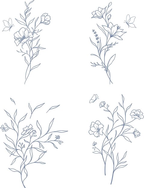 conjunto vectorial hermoso floral y hojas elementos de arte de línea elementos de conjunto botánico dibujados a mano