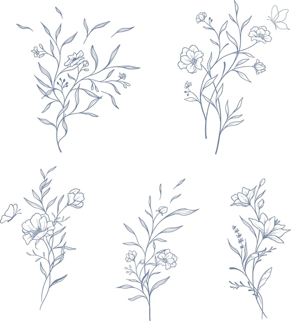 conjunto vectorial hermoso floral y hojas elementos de arte de línea elementos de conjunto botánico dibujados a mano