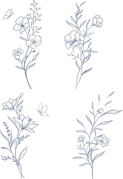 conjunto vectorial hermoso floral y hojas elementos de arte de línea elementos de conjunto botánico dibujados a mano