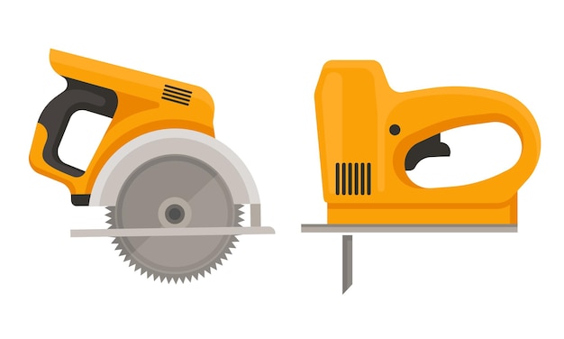 Conjunto vectorial de herramientas eléctricas amarillas para trabajos de carpintería