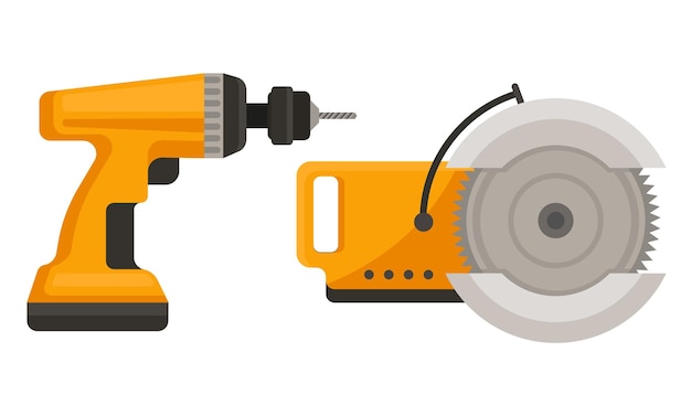 Conjunto vectorial de herramientas eléctricas amarillas para trabajos de carpintería