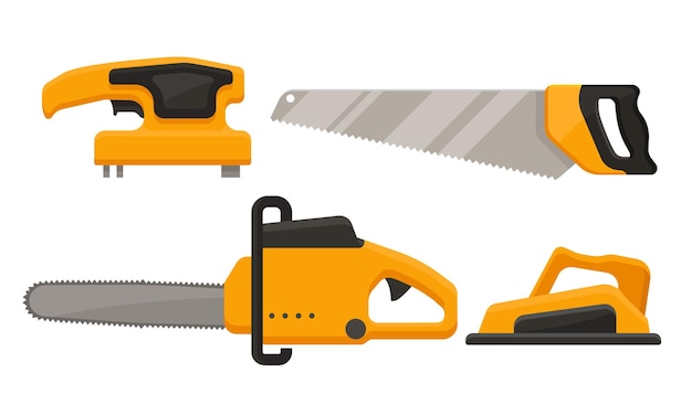 Conjunto vectorial de herramientas eléctricas amarillas para trabajos de carpintería
