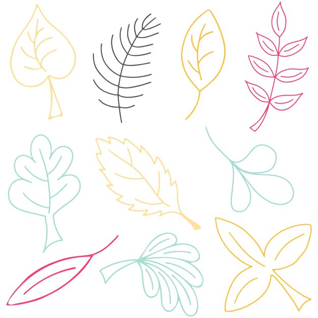 Conjunto vectorial de hojas de Doodle coloridas dibujadas a mano Colección de hojas aisladas en hoja de fondo blanco para libro de colorear Página de colorear o hoja de colorear