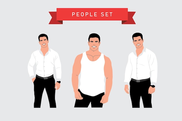 Conjunto vectorial de hombres en diferentes posturas y ropa ilustración de estilo plano