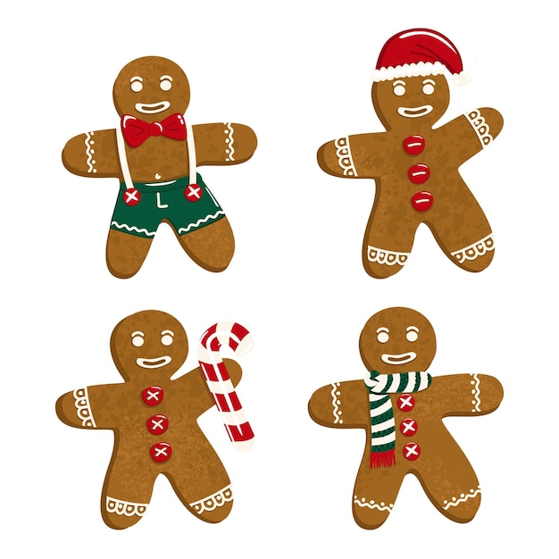 Conjunto vectorial de hombres de pan de jengibre con ropa sonriendo felizmente sosteniendo un bastón de caramelo con un sombrero de Papá Noel