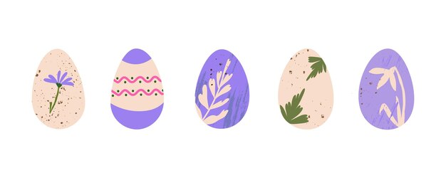 Conjunto vectorial de huevos de Pascua DIY huevos teñidos naturales con estampados botánicos diseño elegante en pastel