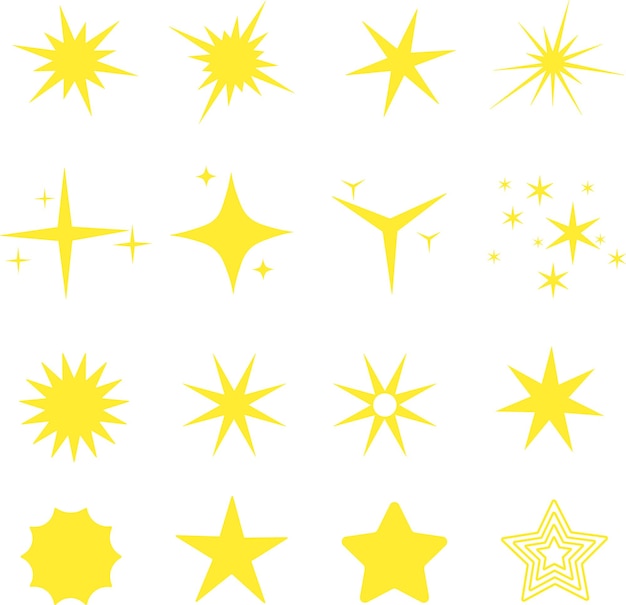 Conjunto vectorial de icono de estrellas brillantes de color amarillo dorado brillante Luz de flash de chispa de objeto espacial