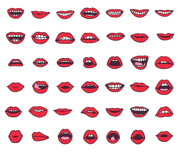 Conjunto vectorial de iconos de bocas o labios en estilo de dibujos animados aislado sobre fondo blanco