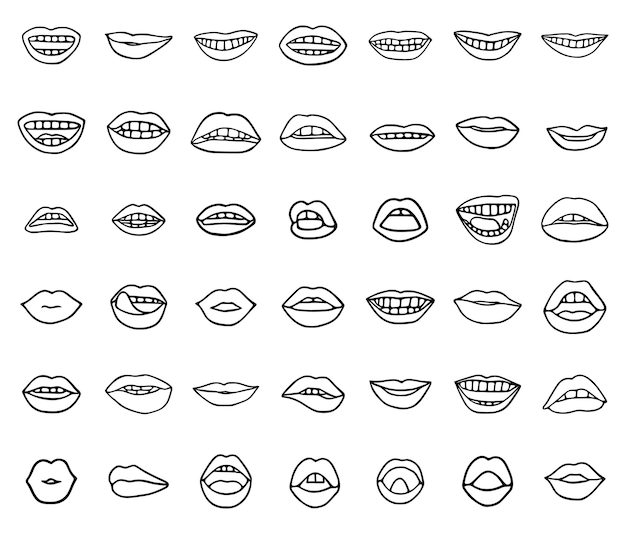 Conjunto vectorial de iconos de bocas o labios en estilo garabato aislado sobre fondo blanco