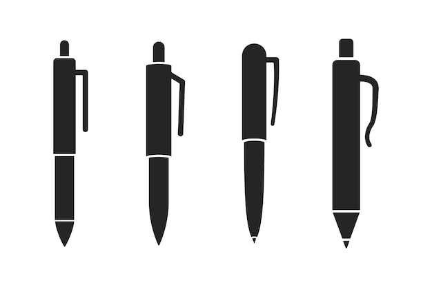 Conjunto vectorial de iconos de bolígrafos automáticos blancos y negros.