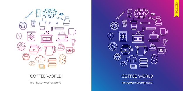 Conjunto vectorial de iconos delgados planos modernos de café inscritos en forma redonda