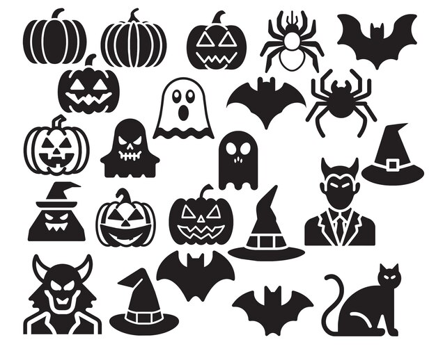 Conjunto vectorial de iconos de Halloween Bruja fantasma calabaza murciélago araña sombrero gato diablo temporada espeluznante