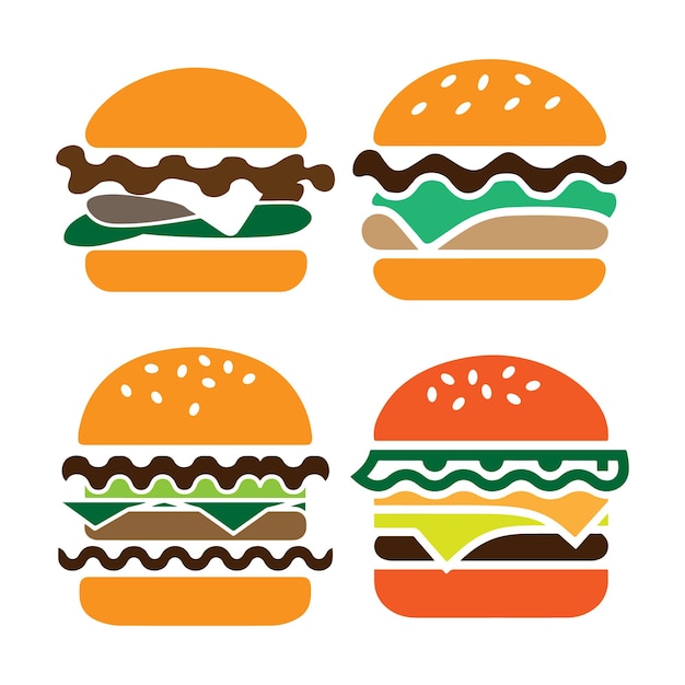 Conjunto vectorial de íconos de hamburguesas deliciosas