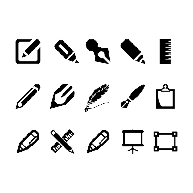 Conjunto vectorial de iconos de herramientas de dibujo y escritura