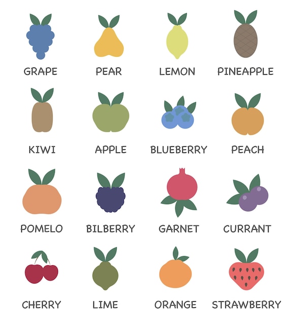 Conjunto vectorial de íconos de línea de frutas Íconos de color Contiene frutas de uso común