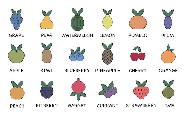 Conjunto vectorial de iconos de línea de frutas iconos de colores con un trazo contiene frutas de uso común