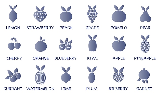 Conjunto vectorial de iconos de línea de frutas Iconos con un gradiente azul Contiene frutas de uso común