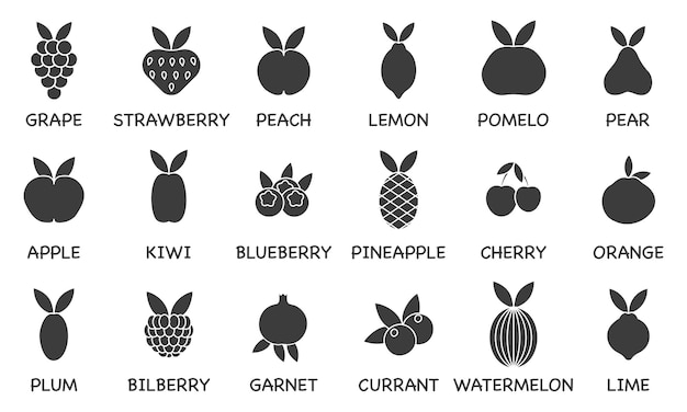 Conjunto vectorial de íconos de línea de frutas Íconos rellenos en negro Contiene frutas de uso común