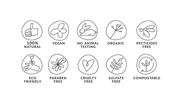 Conjunto vectorial de iconos lineales, logotipos o etiquetas para productos naturales y orgánicos, símbolos de esquema para alimentos y cosméticos