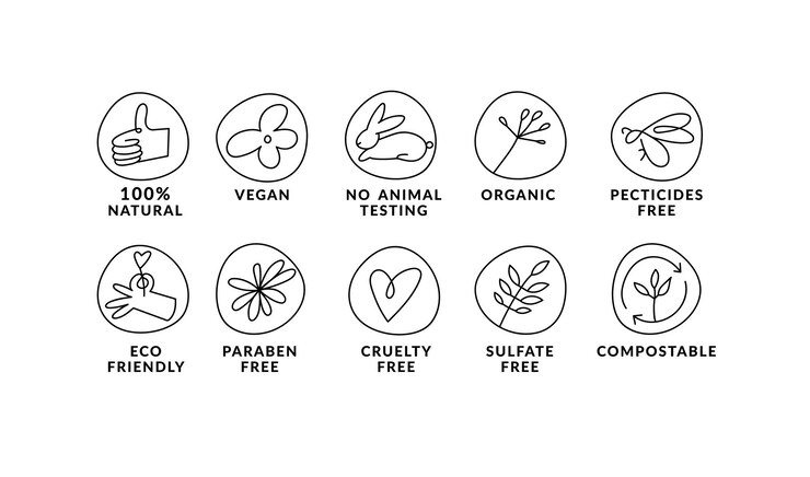 Conjunto vectorial de iconos lineales, logotipos o etiquetas para productos naturales y orgánicos, símbolos de esquema para alimentos y cosméticos