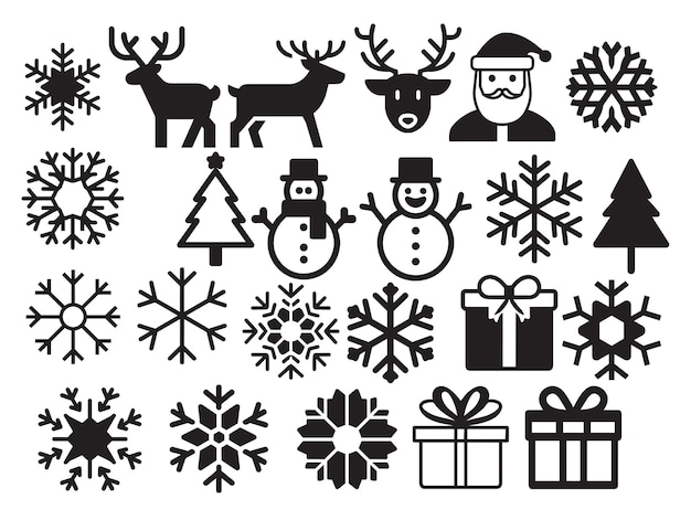 Conjunto vectorial de iconos de Navidad Papá Noel muñeco de nieve caja de regalos de copos de nieve renos árbol de Navidad Feliz Navidad y Feliz Año Nuevo pictogramas