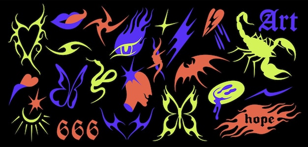 Conjunto vectorial de iconos o pegatinas Y2k Composiciones o estampados de tatuajes de diseño brutalista Estilo psicodélico