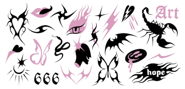 Conjunto vectorial de iconos o pegatinas Y2k Composiciones o estampados de tatuajes de diseño brutalista Estilo psicodélico
