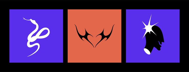 Conjunto vectorial de iconos o pegatinas Y2k con corazón de serpiente y cabeza Composiciones de tatuajes de diseño brutalista para impresiones