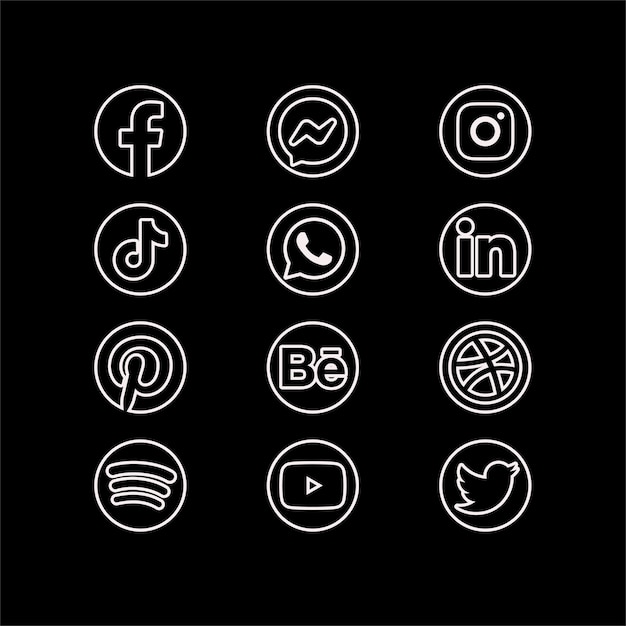 Vector el conjunto vectorial de iconos de redes sociales en blanco y negro con contornos en negro