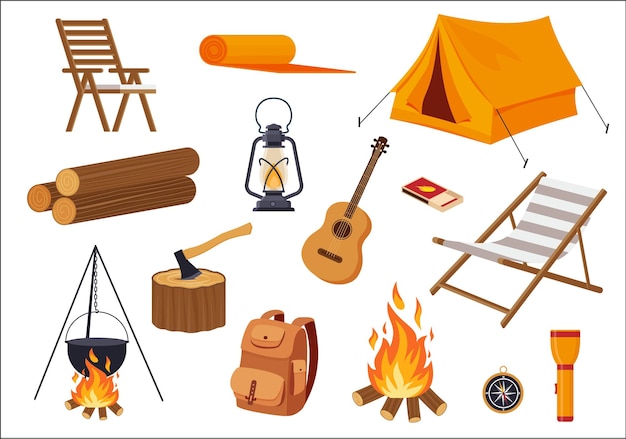 Conjunto vectorial de iconos de símbolos y elementos de equipamiento turístico Tent hacha silla tumbona olla sobre una linterna de mochila de fuego