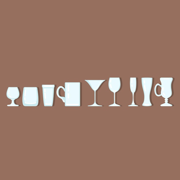 Conjunto vectorial de iconos de vidrio para beber alcohol vacío