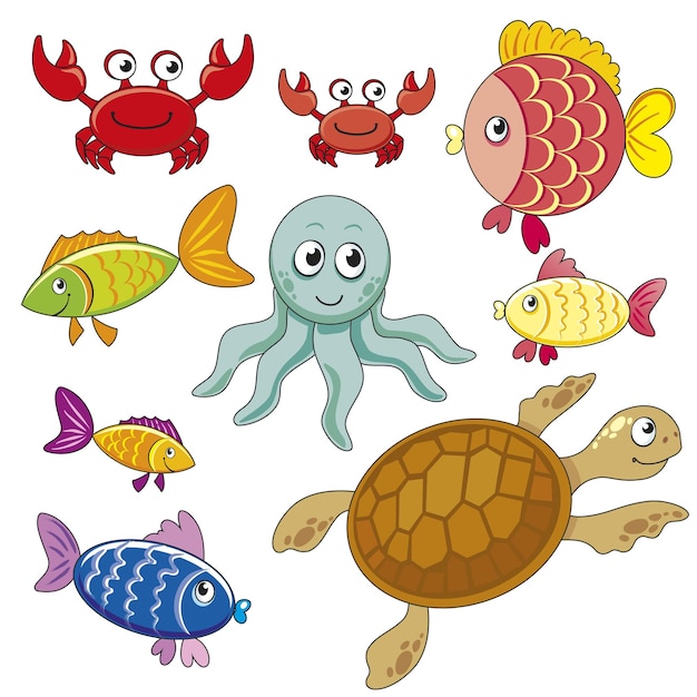 Conjunto vectorial de ilustración de dibujos animados del mundo submarino con cangrejos diferentes cind de peces pulpo