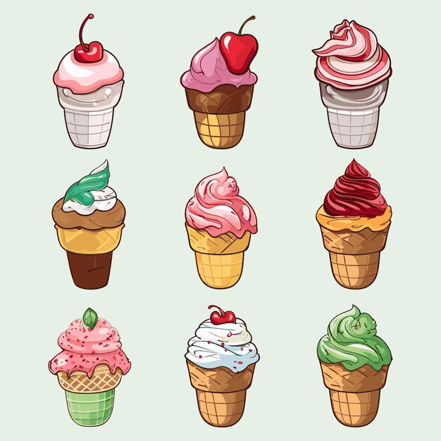 Conjunto vectorial de la ilustración del icono de dibujos animados del cono de helado aislado en el fondo