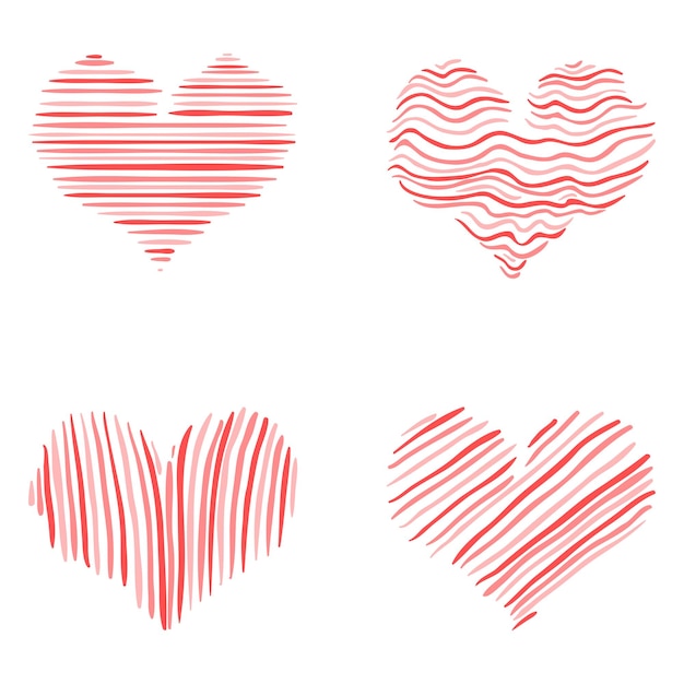 Conjunto vectorial de ilustraciones de amor abstractas de corazones de línea roja