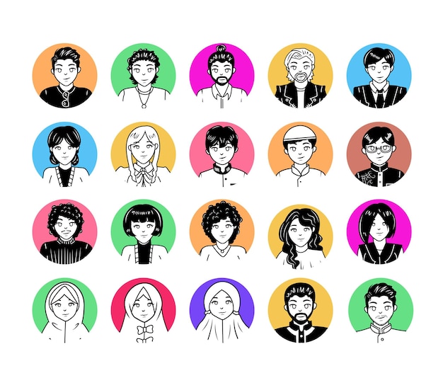 Conjunto vectorial de ilustraciones Colección única de perfiles de personajes de avatares para diseño gráfico