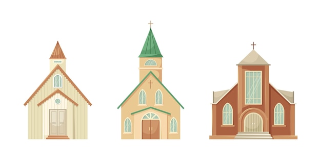 Vector conjunto vectorial de ilustraciones de la iglesia protestante edificio arquitectónico religioso estilo plano