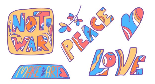 Conjunto vectorial de ilustraciones con la inscripción No la guerra Haz el amor Paz Amor estilo hippie paz mundial Ilustración vectorial moderna para postales diseño de empaque adolescentes