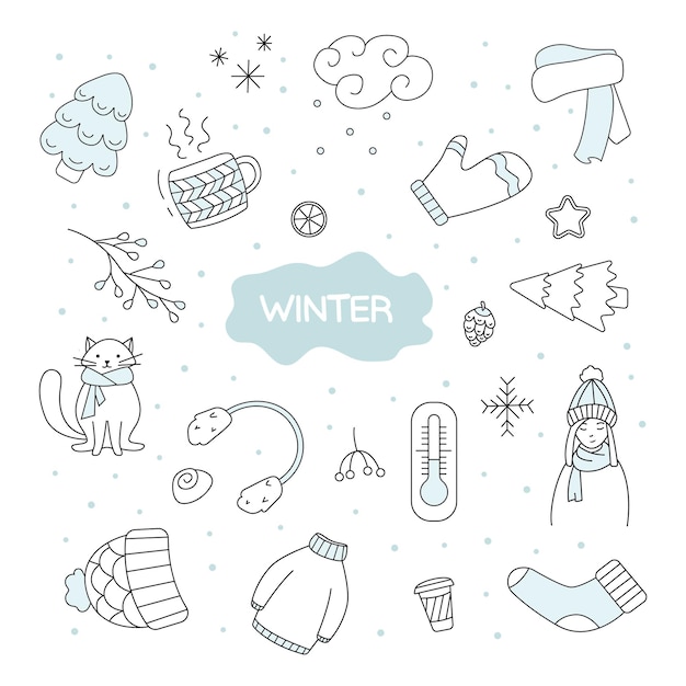 Conjunto vectorial de ilustraciones de invierno en estilo garabato aislado en un fondo blanco