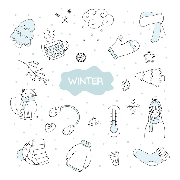 Vector conjunto vectorial de ilustraciones de invierno en estilo garabato aislado en un fondo blanco