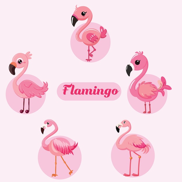 Vector conjunto vectorial de ilustraciones de kawaii flamingo