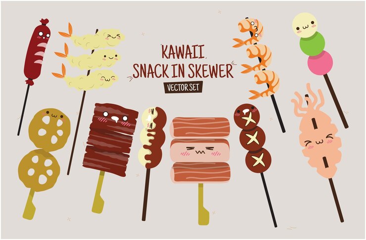 Conjunto vectorial de ilustraciones de Kawaii Snack in Skewer