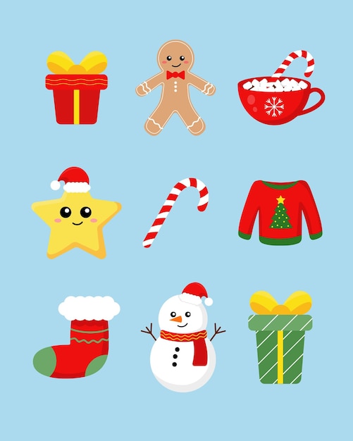 Conjunto vectorial de ilustraciones navideñas suéter estrella hombre de nieve regalo cacao pan de jengibre hombre
