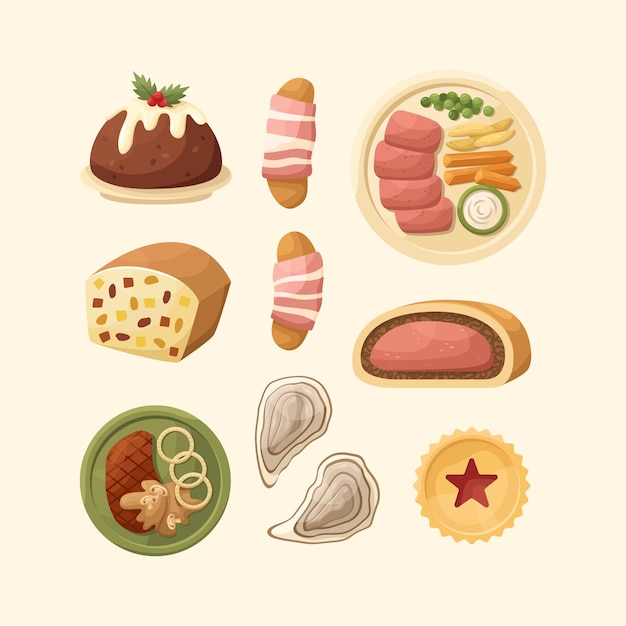 Conjunto vectorial de ilustraciones de platos ingleses cocina para año nuevo y navidad estilo plano