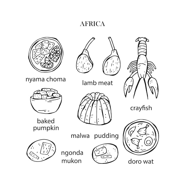 Conjunto vectorial de ilustraciones de platos navideños africanos Año Nuevo Comida tradicional de África