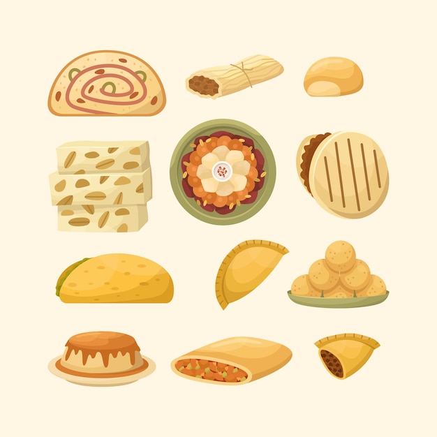 Vector conjunto vectorial de ilustraciones de platos sudamericanos cocina para año nuevo y navidad estilo plano