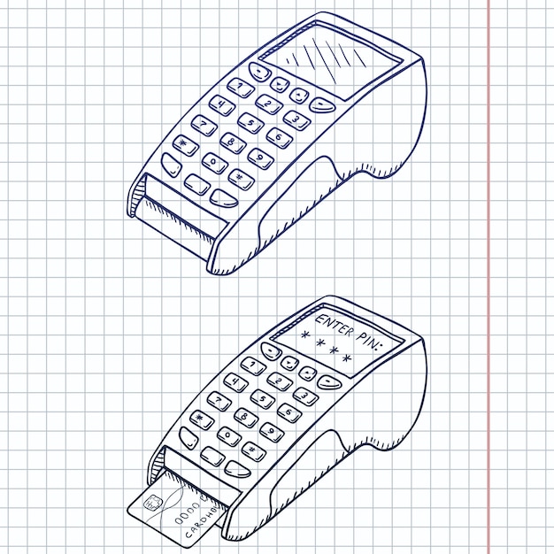 Conjunto vectorial de ilustraciones de terminales de pago de croquis