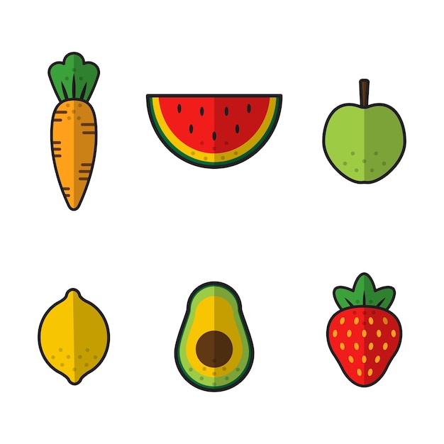 Conjunto vectorial de imágenes de frutas, verduras y bayas