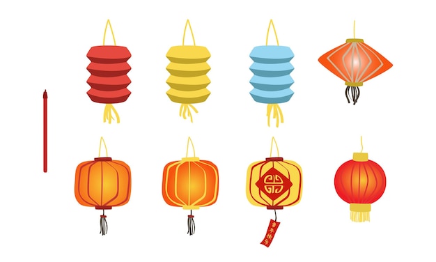 Conjunto vectorial de imágenes prediseñadas de linternas chinas de Año Nuevo, dibujos animados vectoriales de linterna colgante decorativa colorida